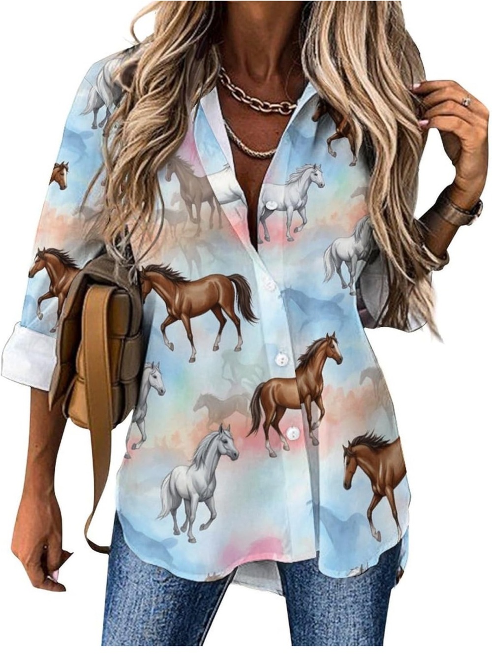 Women’s Horse-Print Button-Up Shirt - Pastel Blue
